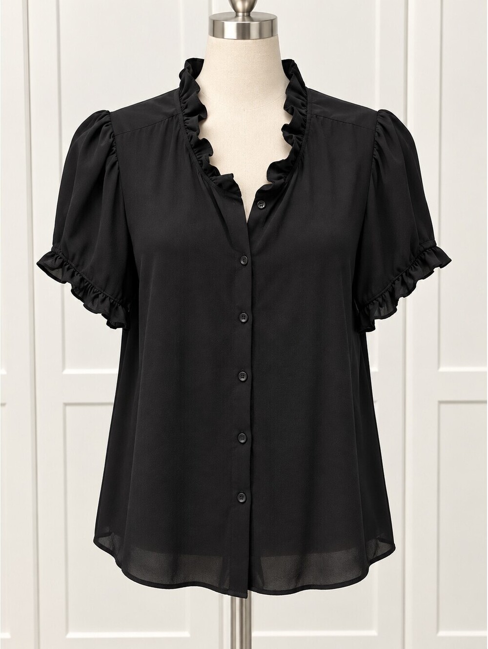 Black Ruffle Short Sleeve Button-Front Blouse